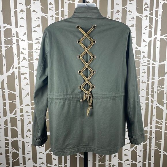 Democracy Olive Green Studded Lace Back Accent Cargo Jacket sz M - Picture 3 of 10